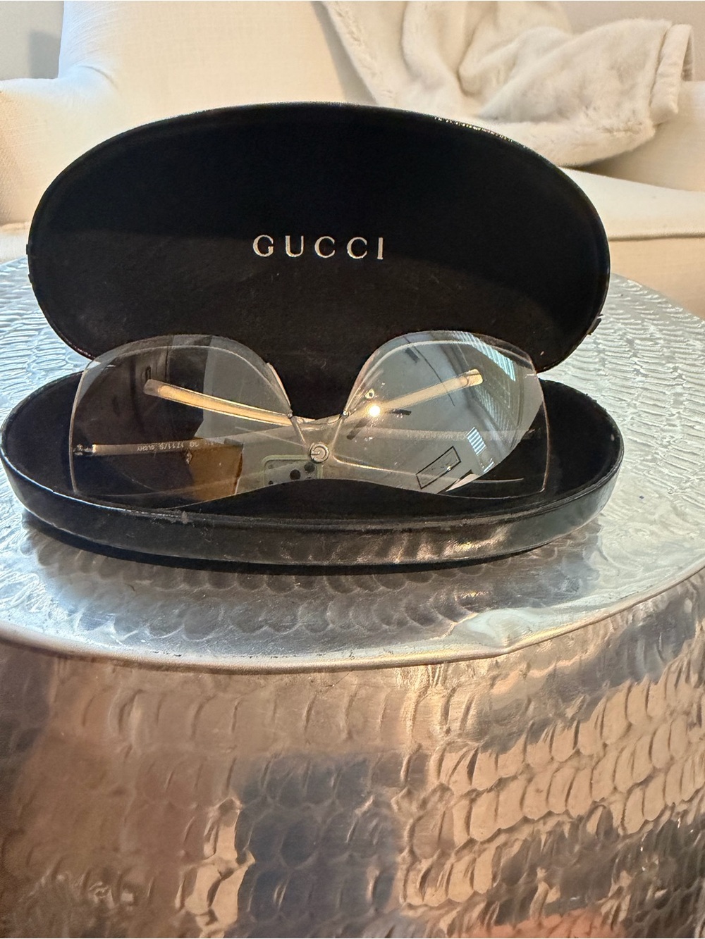 Gucci Women's Rimless Wrap Sunglasses in Light Gray with Gold Temples
